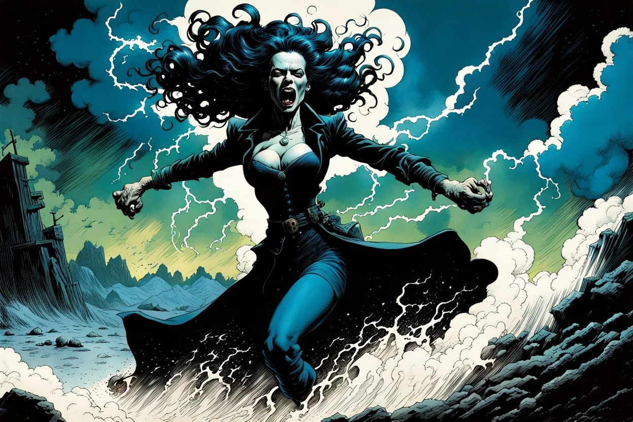 create a surreal horror comic style full body illustration of female vampire conjuring a violent storm , with highly detailed facial features, in the comic art style of RICHARD CORBEN and FRANK FRAZETTA, searing lines and forceful strokes, precisely drawn, boldly inked, with gritty textures, vibrant colors, dark and dramatic otherworldly lighting