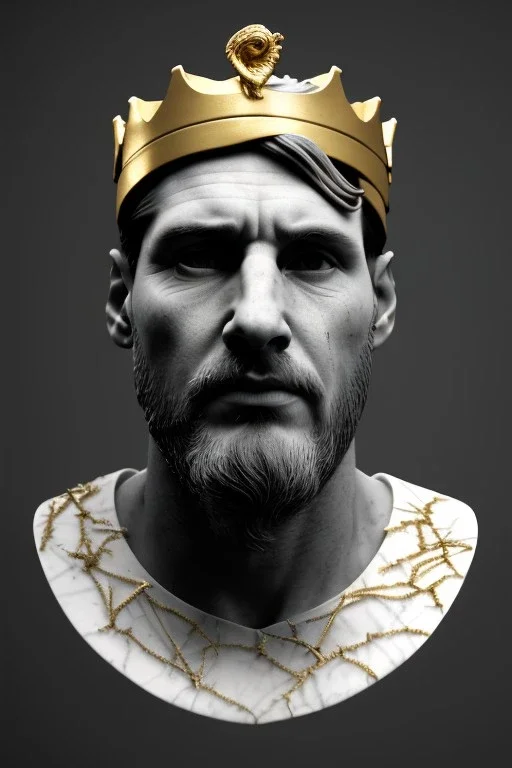 Ultra Realistic image, Roman sculpture, white marble material, Lionel Messi, gold crown of natural thorns, god crown, gold veins, gold ornaments, Renaissance style, sun rays background, waist up portrait, epic, celestial, cinematic lighting, God lights, 4k resolution, smooth details, soft lighting, unreal engine 5, art station, substance 3d.