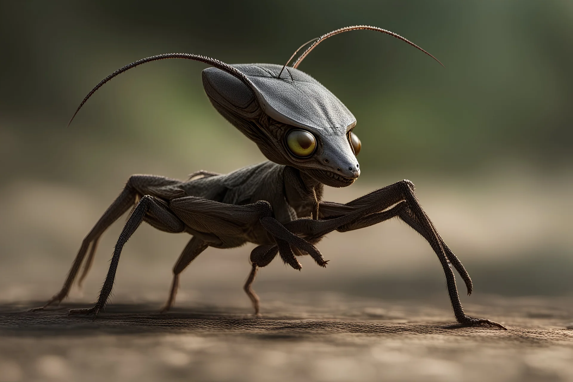 An alien gentle animal, a cross between a Dromaius, Vermilingua, and a mantis, with short tail and four legs, walks forward.