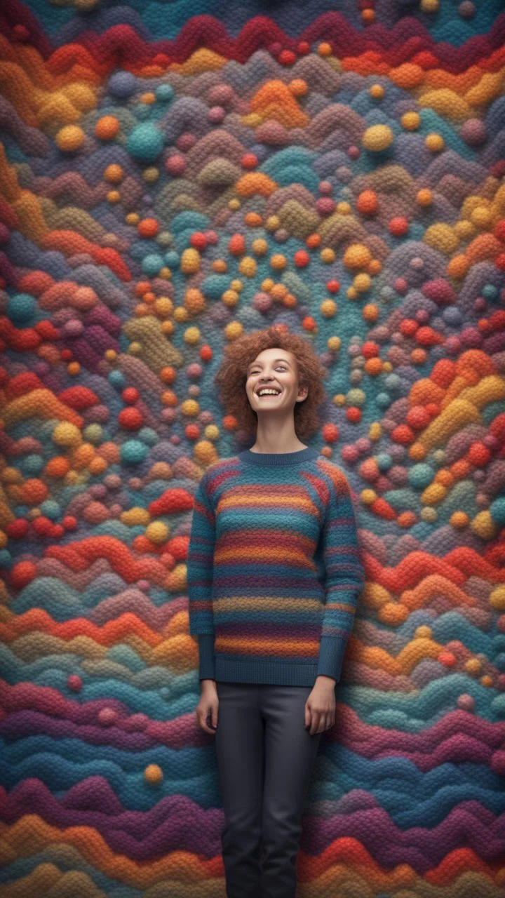 a happy blissed person woven into a psychedelic knitted tapestry wall, bokeh like f/0.8, tilt-shift lens 8k, high detail, smooth render, down-light, unreal engine, prize winning