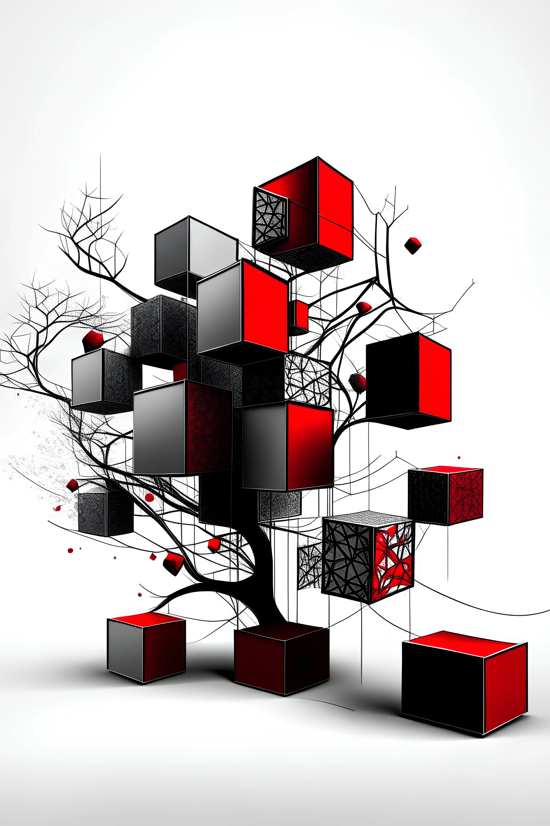 Metabolism, concept - LINES, CUBES, no support at bottom and cubes in the air with superimposition of 3 tree- Architectural concept- colours-black white red