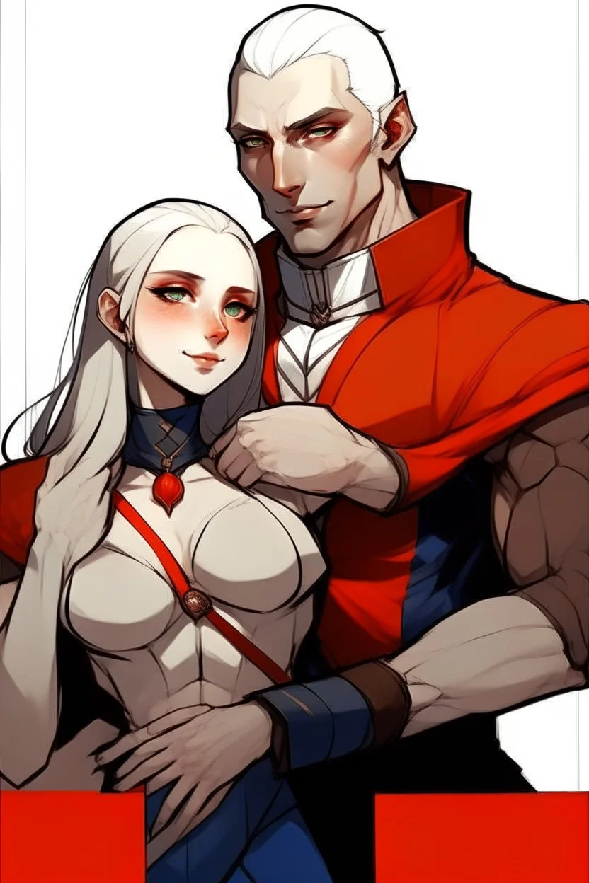 A couple, from the dnd game curse of Strahd. The woman has long white hair and blue eyes, the man has long black hair and red eyes, no facial hair.