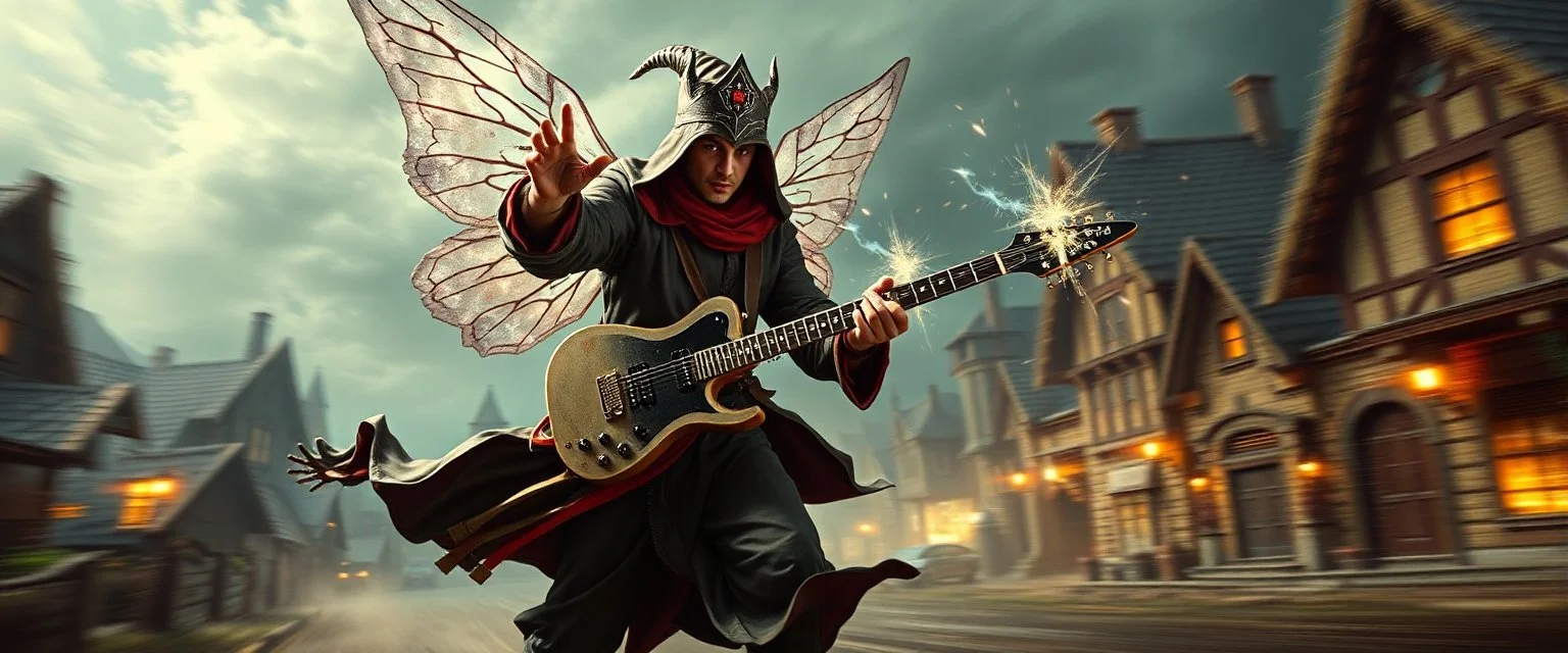 super duper mega rock star fairy thief priest dungeons magician throwing a wild magic spell that performs while flying at high speed through cyber punk village, background motion blur, painted by Rembrandt