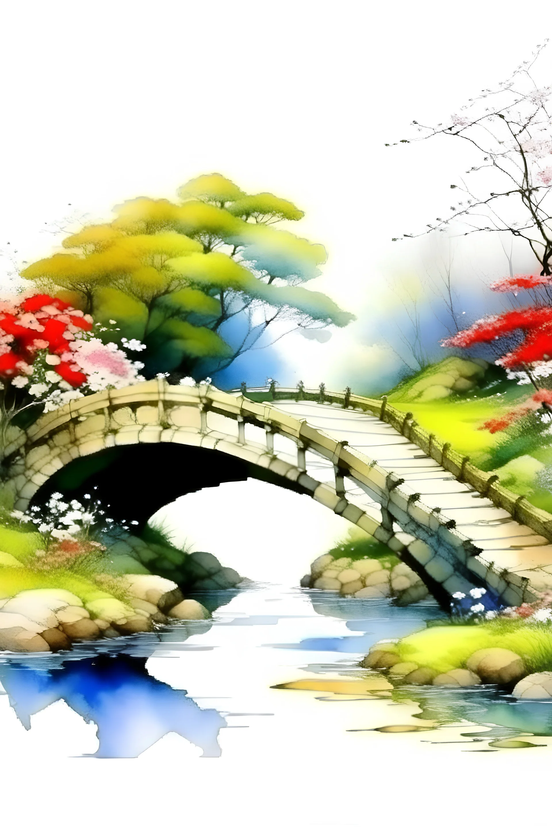 Vista lateral de un puente sobre un arroyo, flores y arbustos en la orilla, fantasía japonesa, alto nivel de detalles, dibujo en acuarelas
