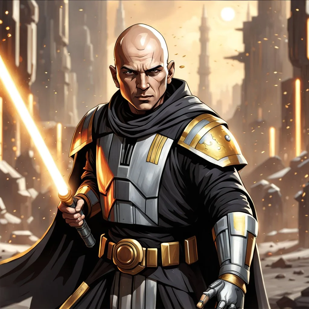 star wars bald male corellian jedi pilot wearing black and gunmetal grey old republic armored robes with gold trim, alone, battle-ready Jedi Master defending a ruined ancient city surrounded by golden light, centered head and shoulders portrait, hyperdetailed, dynamic lighting, hyperdetailed background, 8k resolution, volumetric lighting, light skin, fully symmetric details