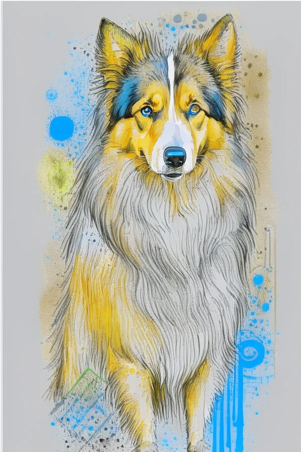 Abstract wet watercolour of a rough collie, ink lines, interlinked circles,detailed focus on eyes