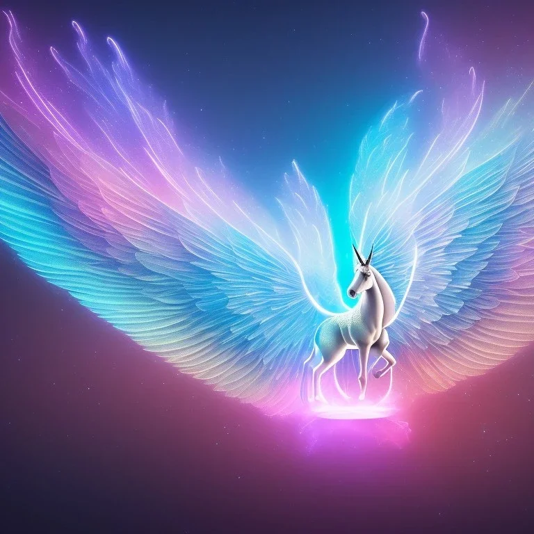  surreal illustration of a unicorn on luminous landscape, realistic, unicorn with glowing wings, glowing soft and smooth wings, shadow, highly detailed, intricate patterns on wings, soft studio lighting, smooth dark blue background 64k