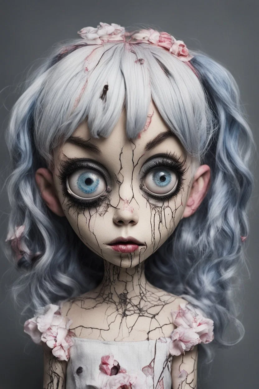 full color, illustration of a dark, menacing, monster girl Singer Melanie Martinez face, as a decayed, broken, crude homemade cloth doll toy, with a narrow cracked porcelain face, thick dark eyebrows, hair made from ragged strips of cloth, in the style of Alex Pardee, Tim Burton, and Nadya Sheremet