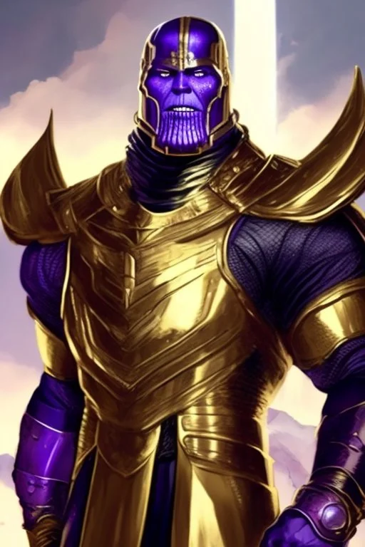 Thanos, the commander of the army of aliens and the king of the entire galaxy, is ready to go on a campaign with his two large swords, his very beautiful and impenetrable armor with his golden helmet, standing on top of a hill with his sword with infinity gauntlet