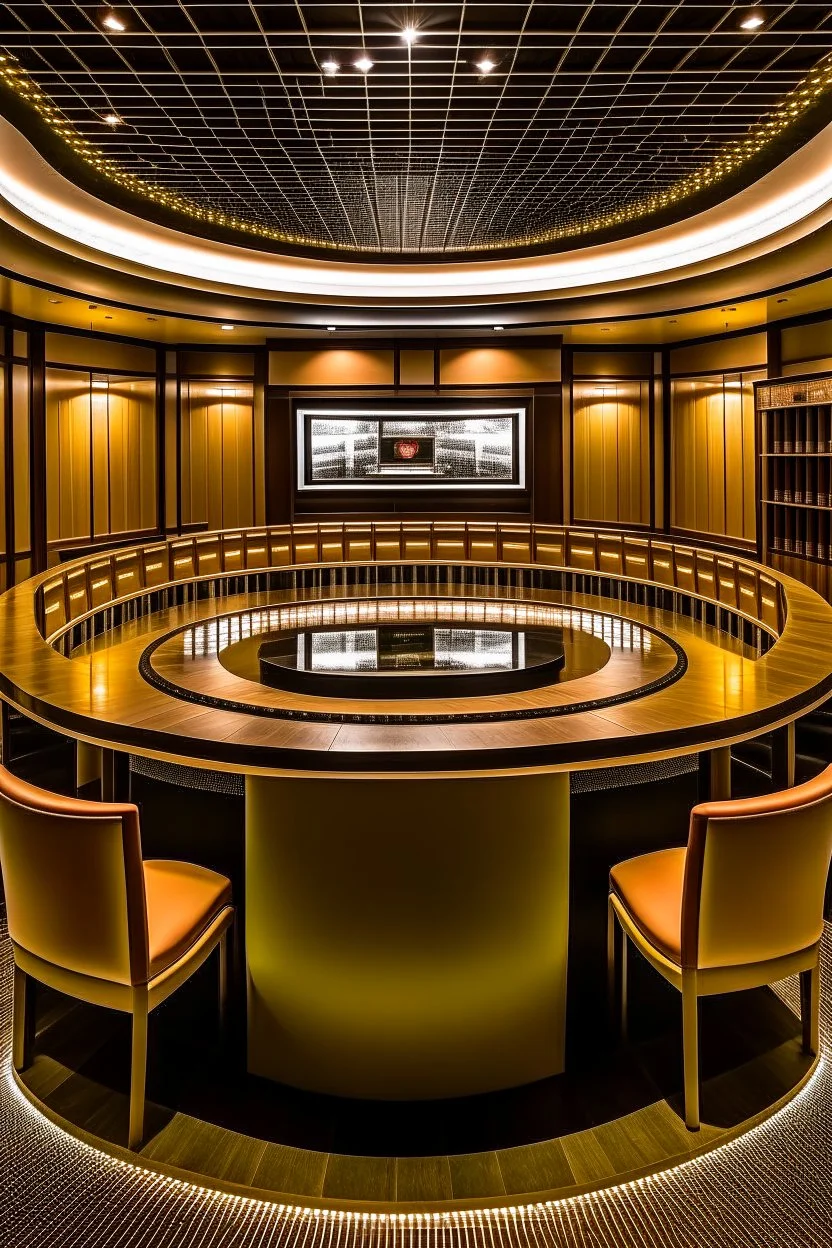 An oval-shaped restaurant consisting of one large table. In the middle of the table there is a place to prepare the food and serve it directly to the visitors