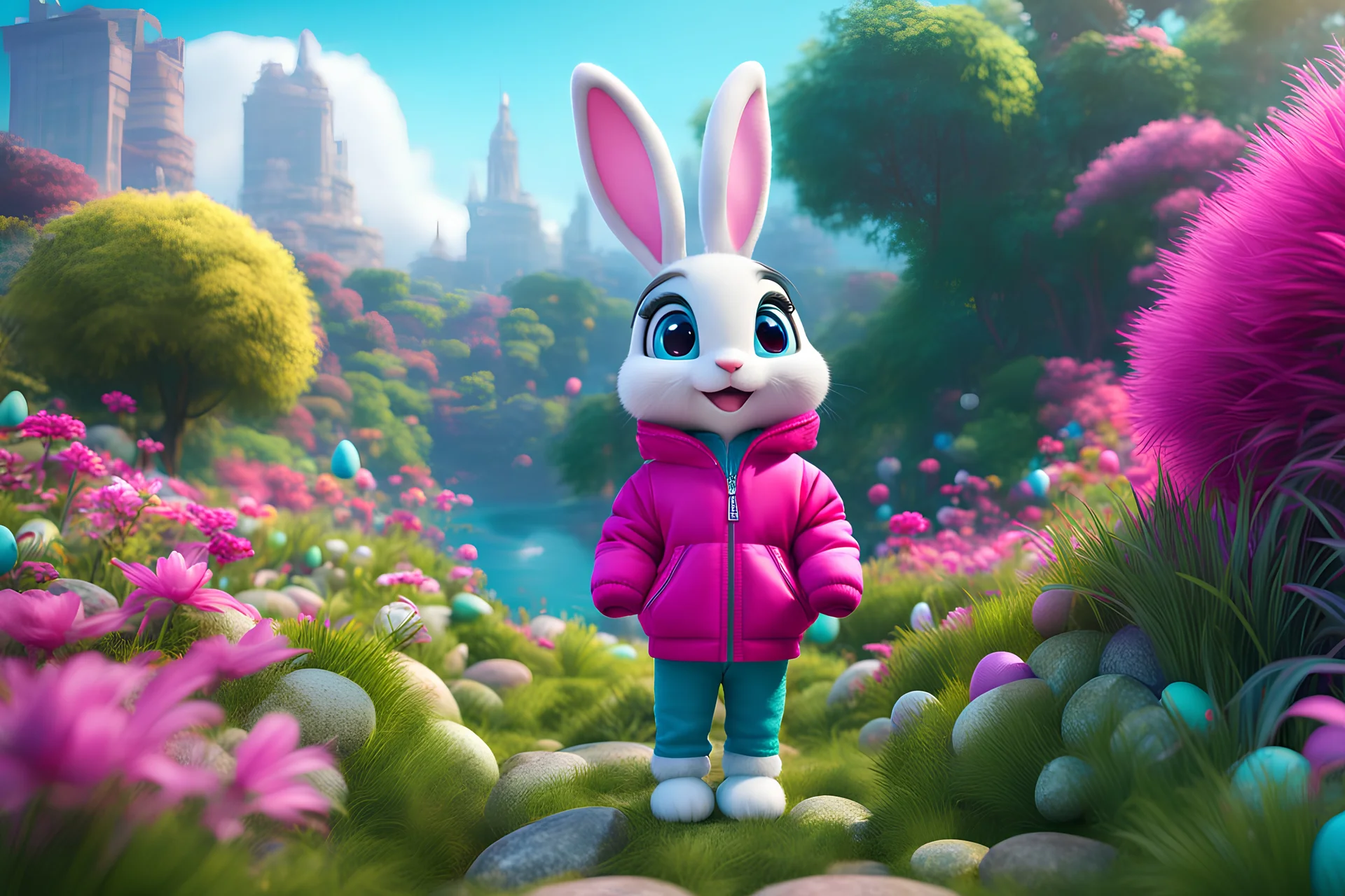 easter holidays, pixar art style of cute pixie smiling plush bunny with large eyes, full sitting body, magenta puffer jacket, manila city backdrop, by mobeius, large easter decorations, in the garden of Eden, stylized vegetation, turquoise water ground-level view, foggy atmosphere, hyper detailed, digital art, trending in artstation, cinematic lighting, unreal engine 5 rendered, octane rendered, art style by klimt and nixeu and ian sprigger and wlop and krenz cushart