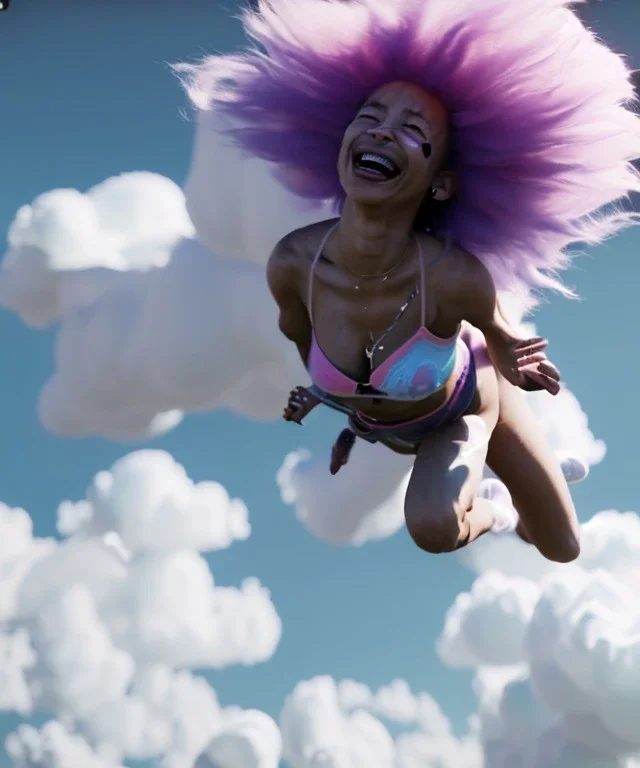 Ultra realistic speed clouds sky scene, wide angle view, sweet childs falling down, inflatable color clothing, free jumping flying, many trinkets, monster hair, hair monster, many jelly beans, balls, smile, happy, circus style, extreme, wind, clouds sea, 20,000 feet altitude, stratosphere, soft color, highly detailed, unreal engine 5, ray tracing, RTX, lumen lighting, ultra detail, volumetric lighting, 3d, finely drawn, high definition, high resolution.