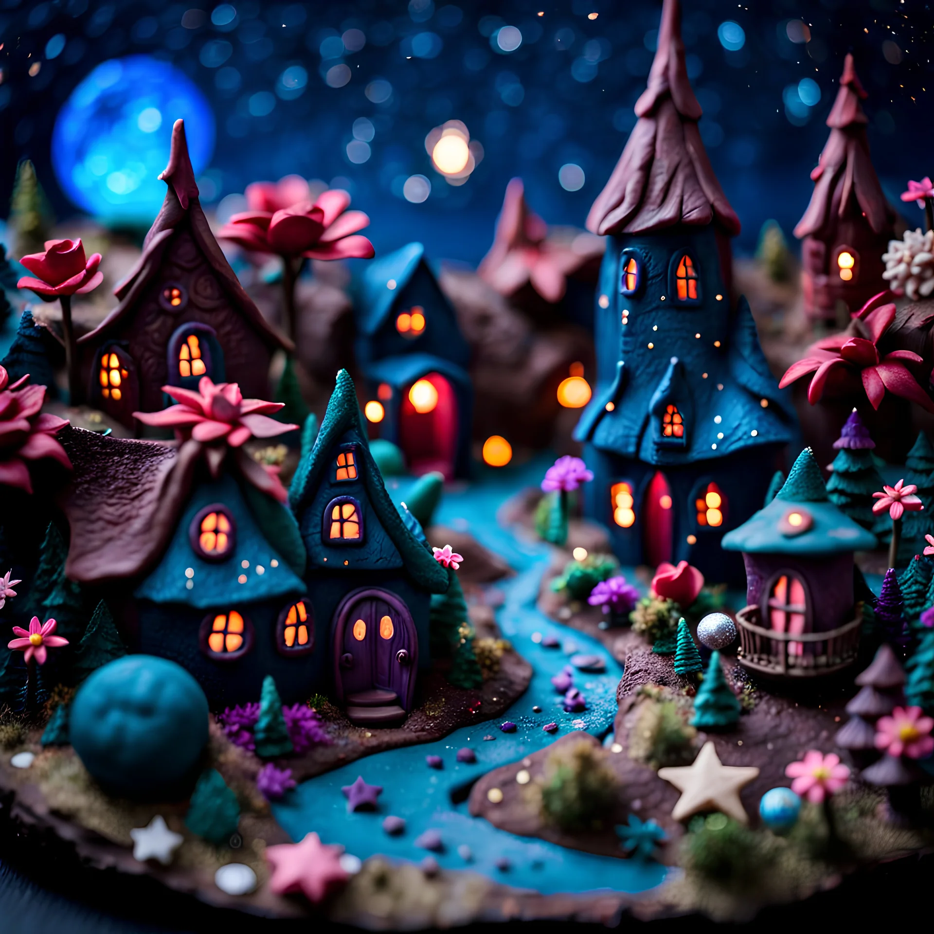 Detailed creepy landscape made of modeling clay, stars and planets, village, flower, Tim Burton, strong texture, Harry Potter, extreme detail, decal, rich moody colors, sparkles, bokeh, odd