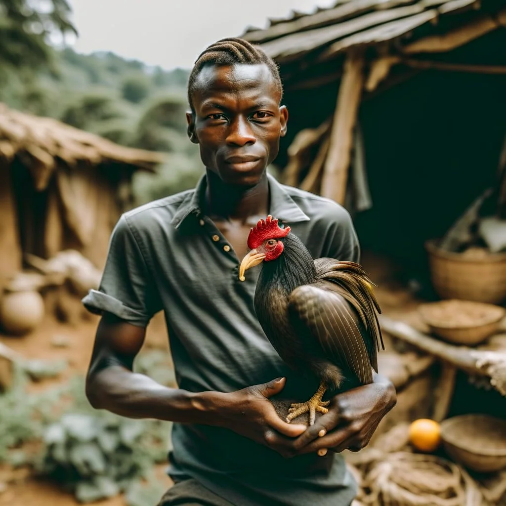 a black man holding a chicken in a village setup