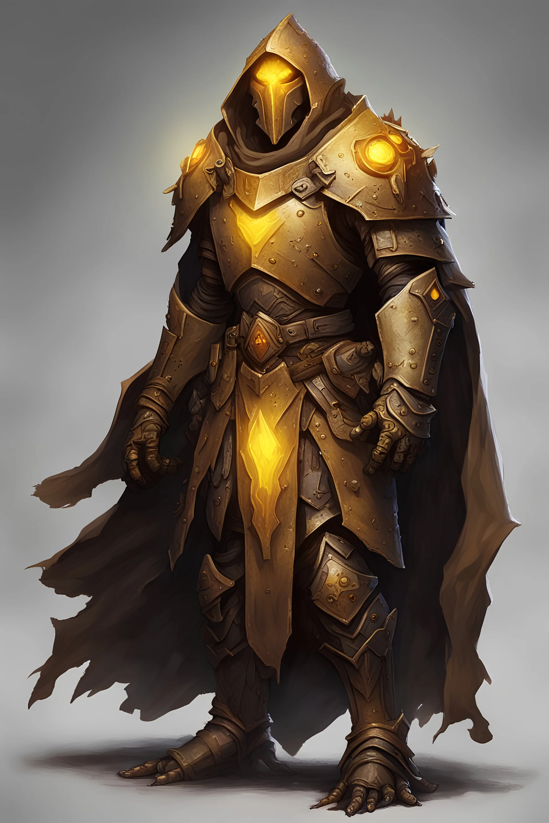 Copper Warforged, druid, glowing yellow eyes, wearing cloak, dungeons and dragons