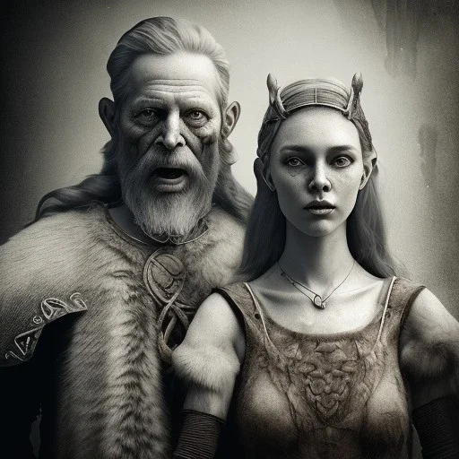 old viking with his zombie wife, scary, steam punk, realistic, made in octane, cinematic, ultra-realistic, extremely detailed octane rendering, 8K, VRAY Super Real ar 2:3, dof photorealistic futuristic 50mm lens hard lighting dark gray tintype photograph, realistic lighting, sepia color