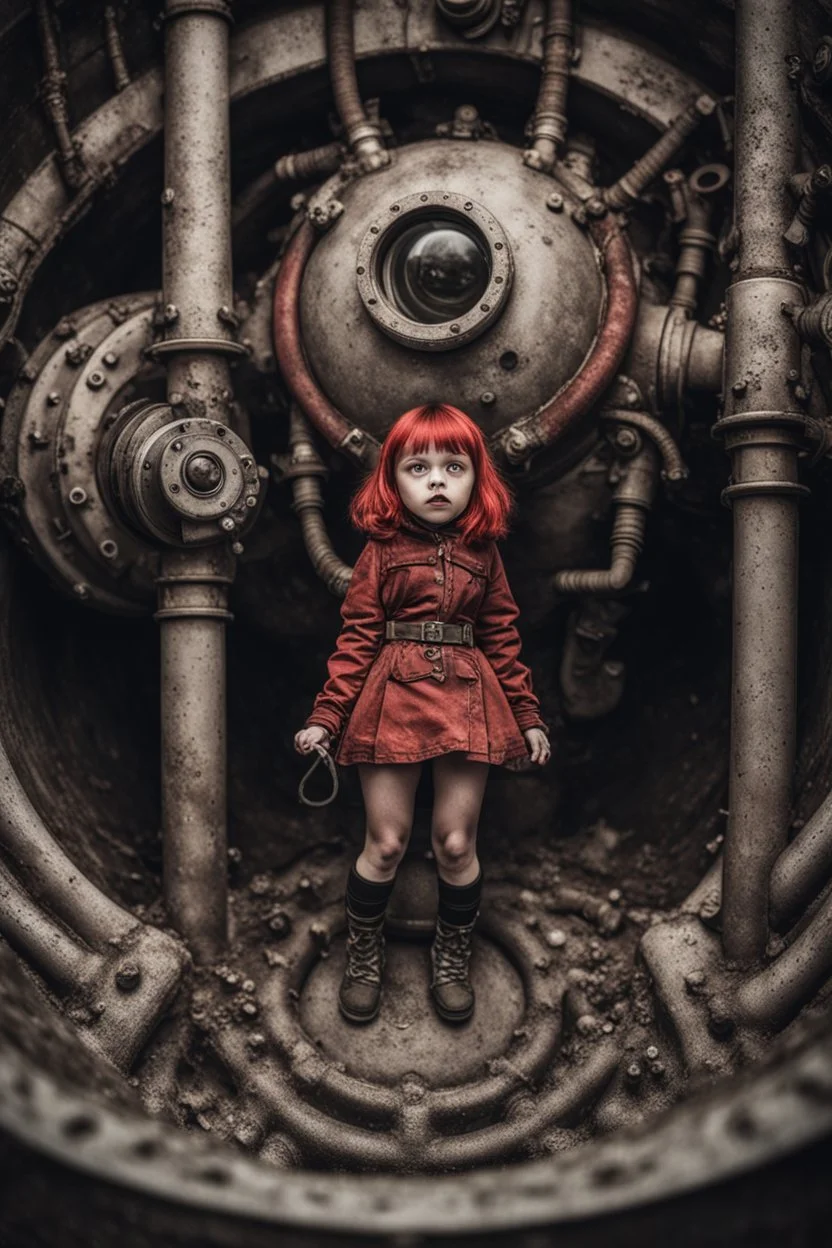 Closeup cute girl with little monster, fullbody, dieselpunk, valves rising from the ground, the perspective looking up from the bottom of an empty well , 8k, macro photography by <John Kenn Mortensen>, darkred tones,