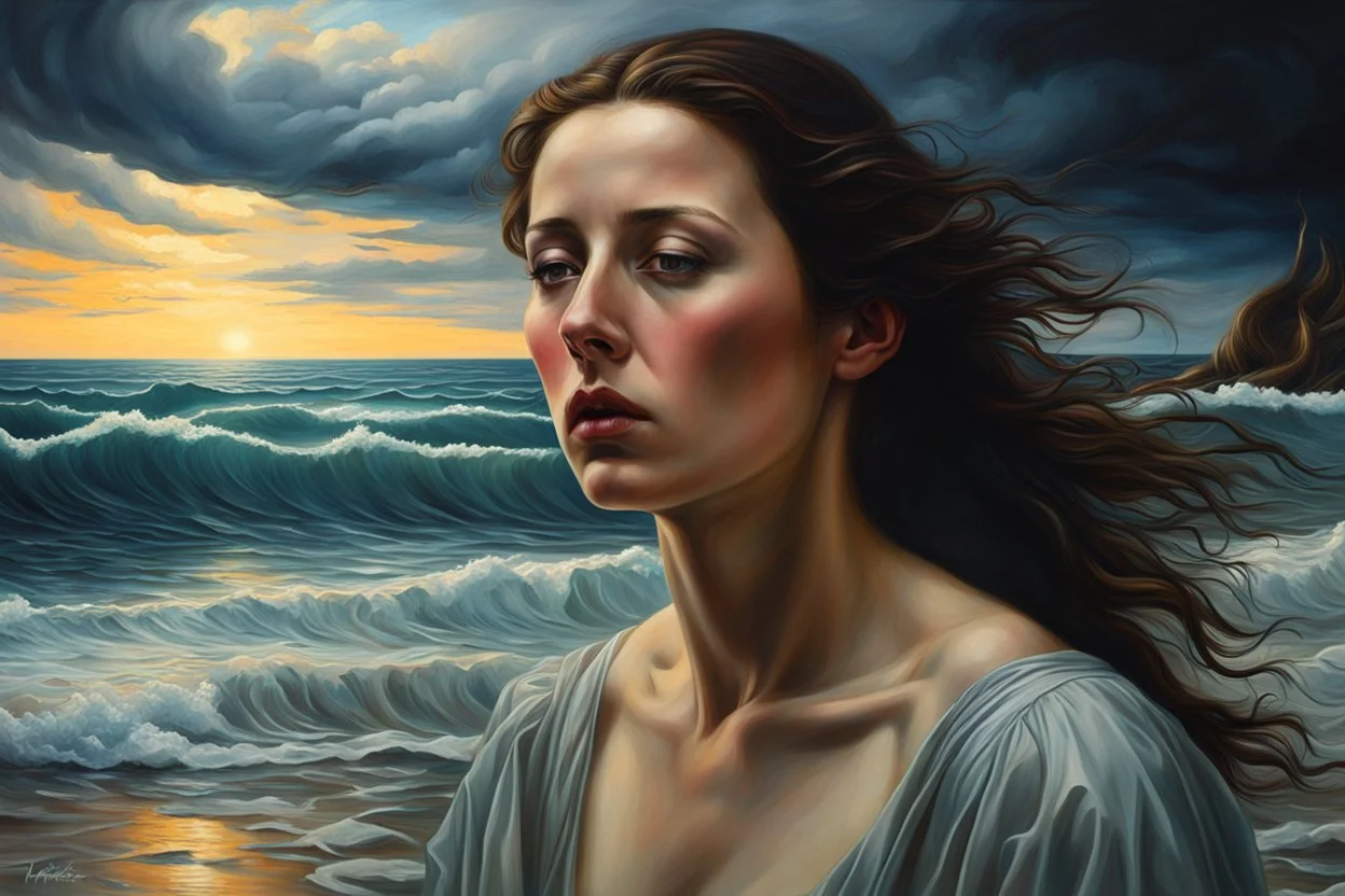 create a classical-abstract-realist fantasy portrait painting of a lonely distraught woman with highly defined facial features, walking on the shore of a tempestuous sea in the style of Donato Giancola, Hans Memling, and Caravaggio, 8k, highly detailed, otherworldly and fantastic