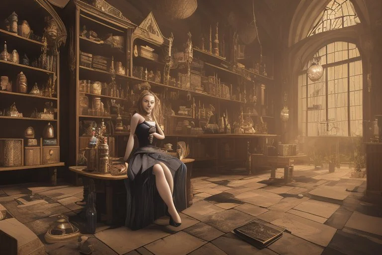 full-height shot of a young witch in a tight black skirt, inside a large magic shop, sitting at a desk, shelving, bottles, windows