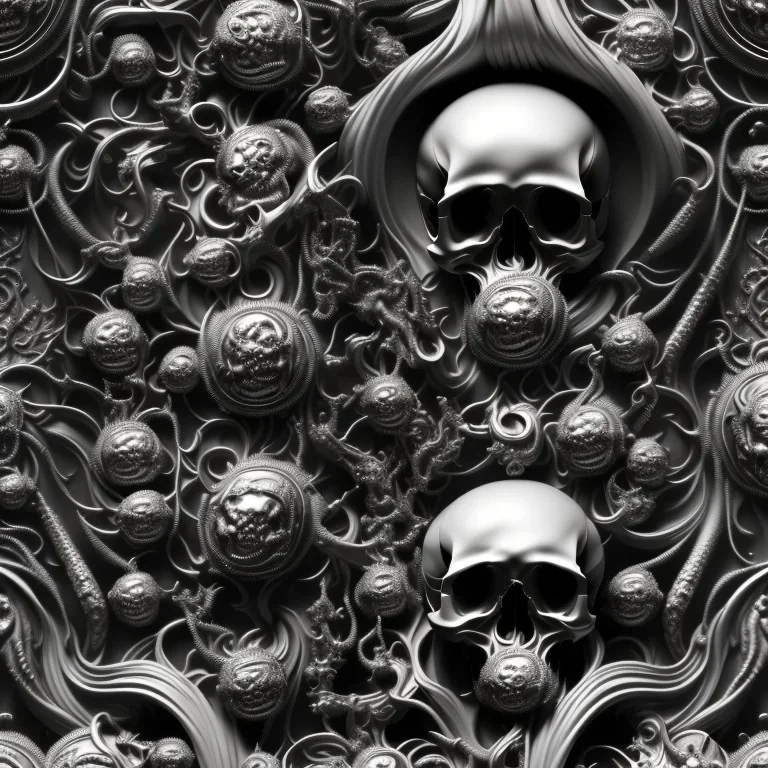 the source of future growth dramatic, elaborate emotive metallic Baroque and Rococo styles to emphasise death as a transcendental, seamless pattern, symmetrical, large motifs, sistine chapel ceiling, 8k image, sharp focus, gothic mothifs and (skulls:1) in rococo style, black metal forge, black colors, perfect symmetry, 3D, no blur, sharp focus, photorealistic, insanely detailed and intricate, cinematic lighting, Octane render, epic scene, 8K