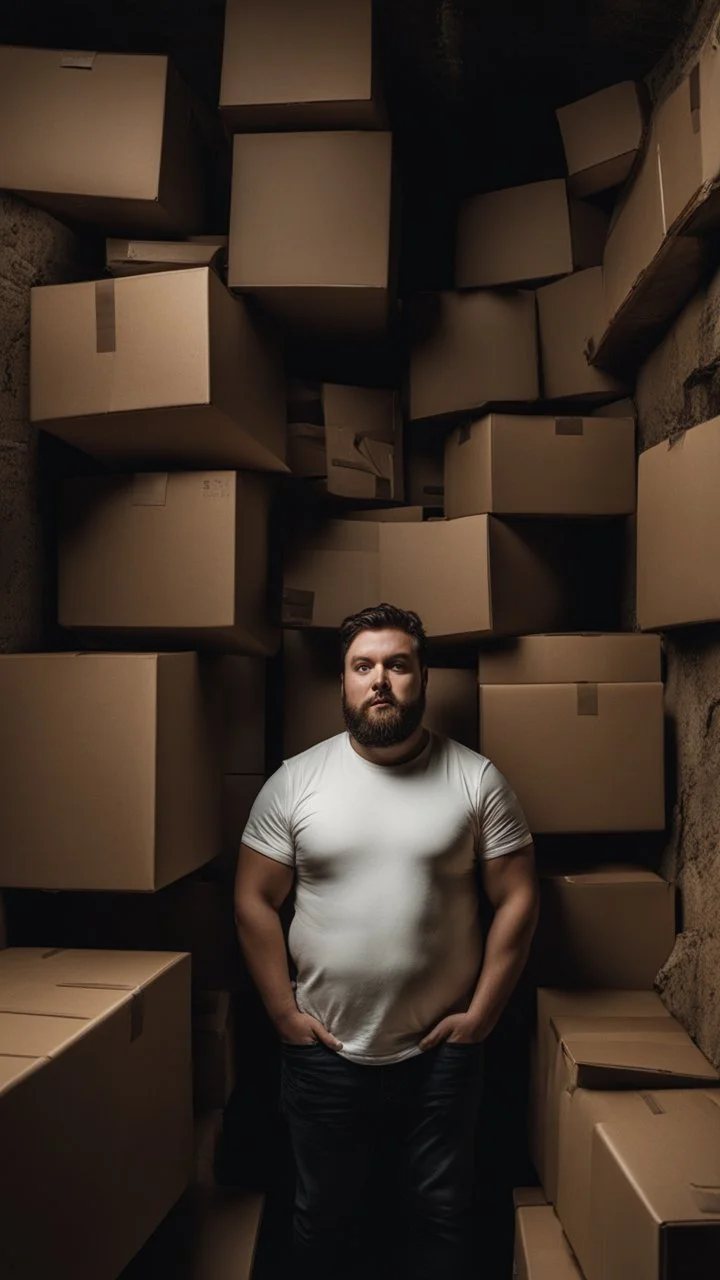 full figure photography of a shy burly chubby muscular 28 year old sicilian man with short beard white t-shirt, in a dark cellar full of cardboard boxes and old objects , look at camera, shy eyes, hyper realistic, Cinematic, 35mm lens, f/1.8, side light, dim lights, ambient occlusion , frontal view from the ground