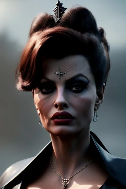 young sophia loren as evil queen in black leather, angry, stern look, volumetric lighting, particales,highly detailed,cinematic, deep colours,8