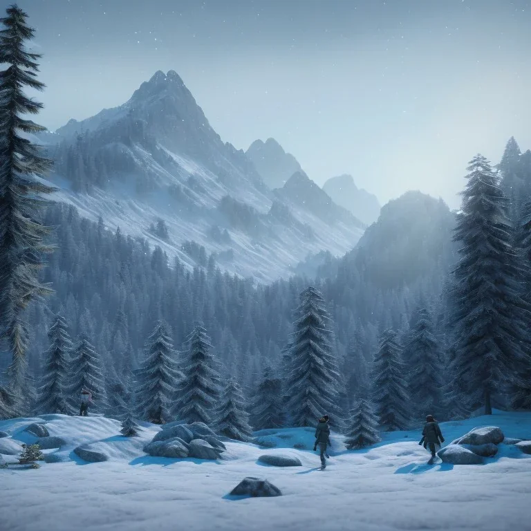 Five people hunting in snowy forest, sense of fear, mountain hut in the background, Alps, night sky, 8k, HD, cinematography, photorealistic, Cinematic, Color Grading, Ultra-Wide Angle, Depth of Field, hyper-detailed, beautifully color-coded, insane details, intricate details, beautifully color graded, Cinematic, Color Grading, Editorial Photography, Depth of Field, DOF, Tilt Blur, White Balance, 32k, Super-Resolution, Megapixel, ProPhoto RGB, VR, Halfrear Lighting, Backlight, Natural Lighting