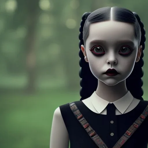 jenna ortega wednesday addams hair, wednesday addams make up, wednesday addams black dress, cinematic, wednesday style, hyper detail, 8k resulation