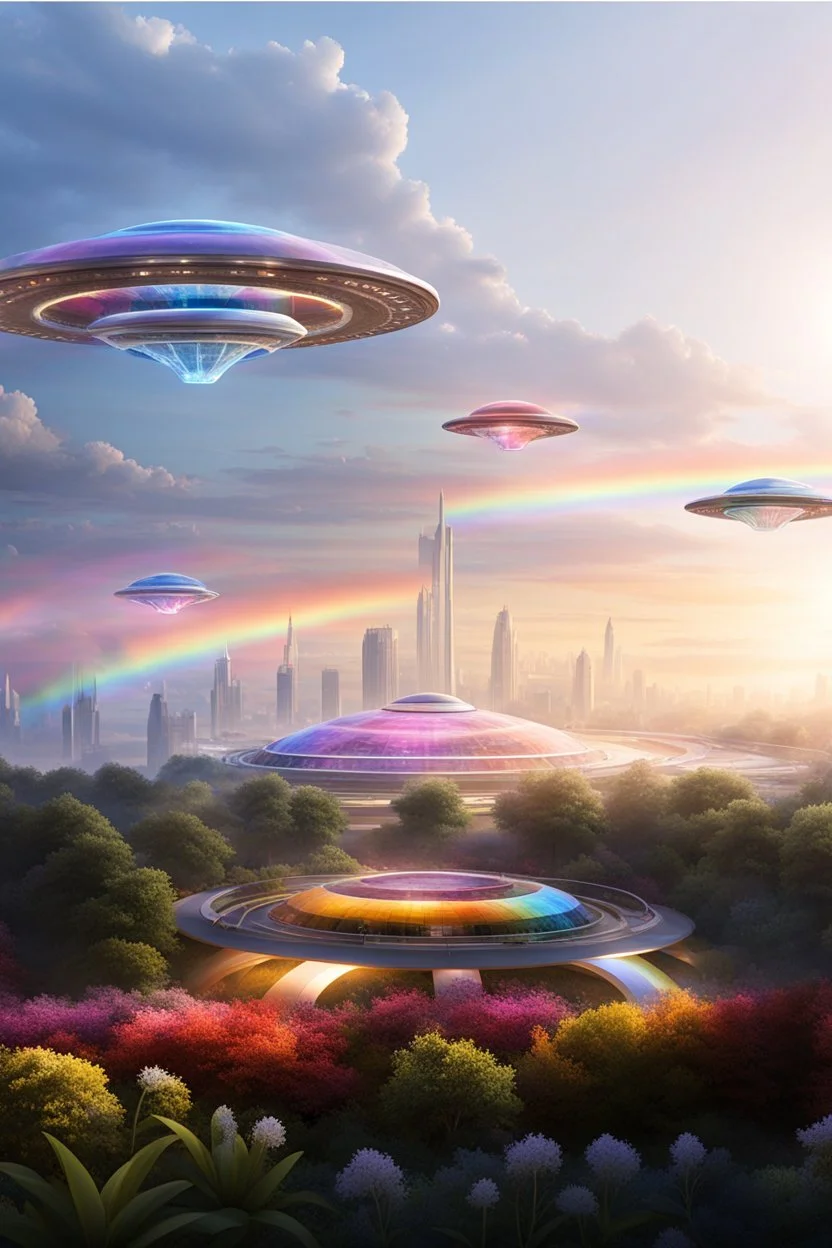 ufo rainbows, cité cristal très futuriste ultra moderne, ufos fleet, intergalactic, dômes de cristal, beautiful gardens , flowers