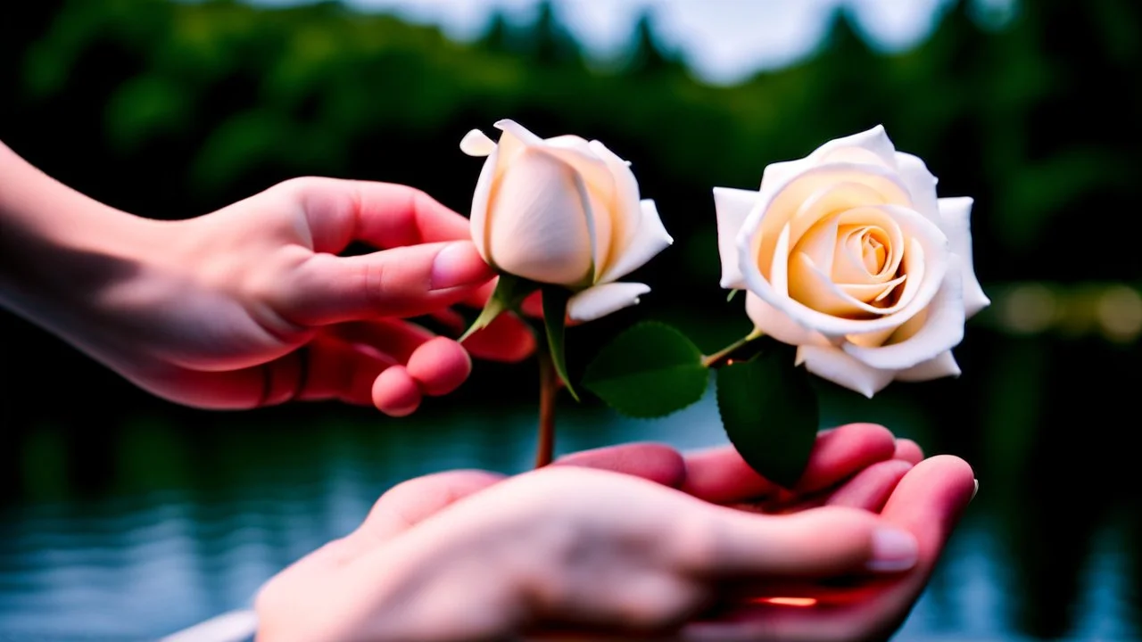 a young woman's and man's hand together holds a bunch of white rose , in the blur background a lake, some green trees, ultra detailed, sharp focus, perfect anatomy, perfect hands with fingers, perfect photo