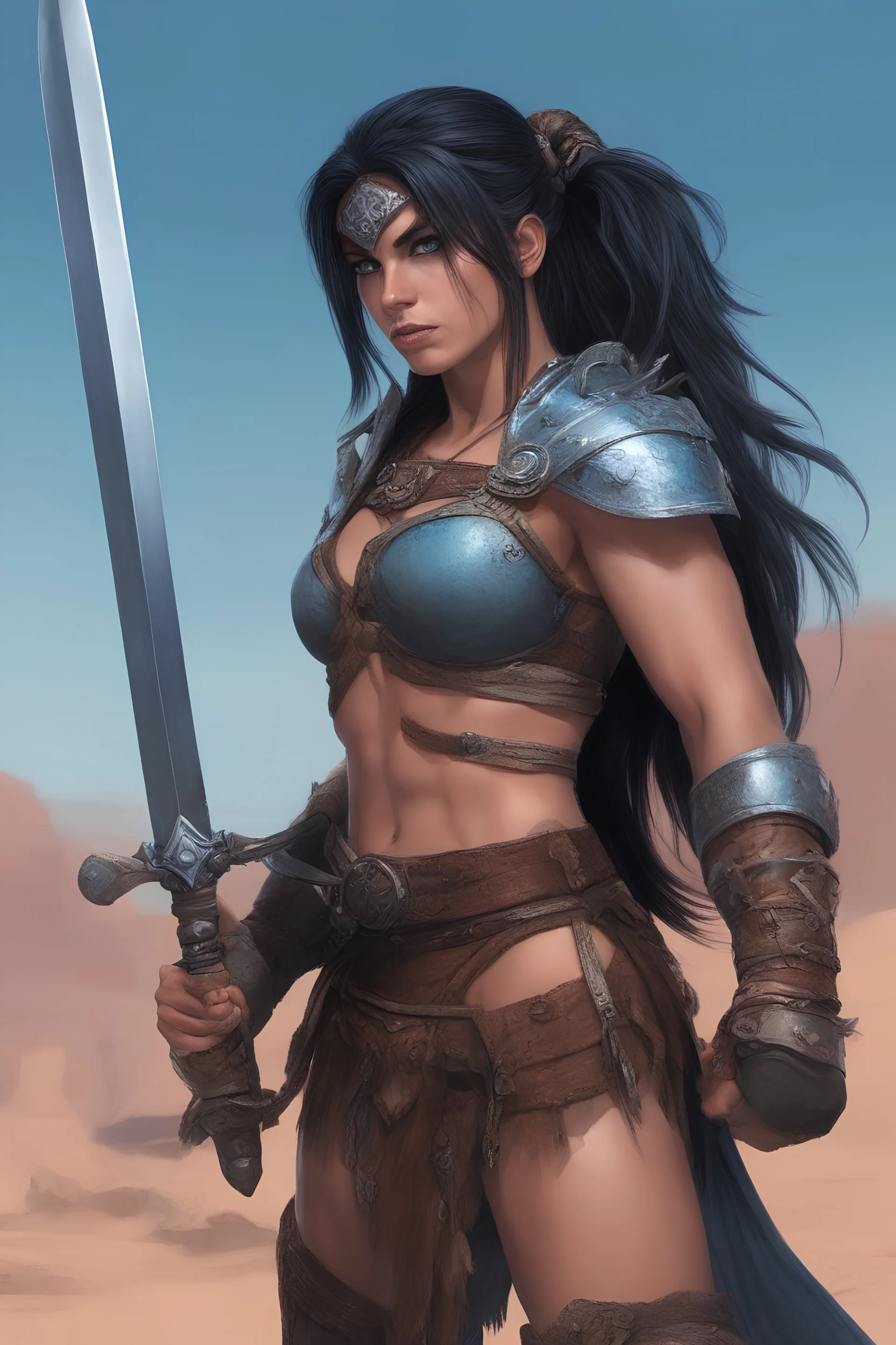 female Barbarian, Black Sonja, Long, pitch-black hair, two ponytails, bangs cut straight across forehead, blue eyes, sky blue stained wall in the background, dressed as a female barbarian, extremely muscular chest, carrying a long broadsword in her right hand, the stygian desert of Mars