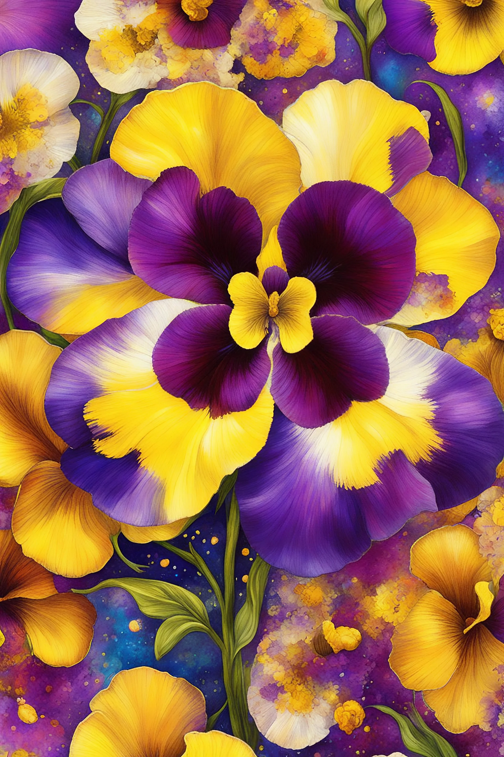 ideal image optimization, the best lush big Yellow-eyed Pansy flower result, Create stunning summer flowers art combining Gustav Klimt's intricate style with Pierre-Auguste Renoir's vibrant brushstrokes. Use alcohol ink splatter for dynamic elements. Aim for hyper-detailed super realism in 8K, with bright neon colors and gold accents, capturing a radiant summer day. Add an Art Nouveau aesthetic to enhance elegance and sophistication of this award-winning Masterpiece seamless pattern