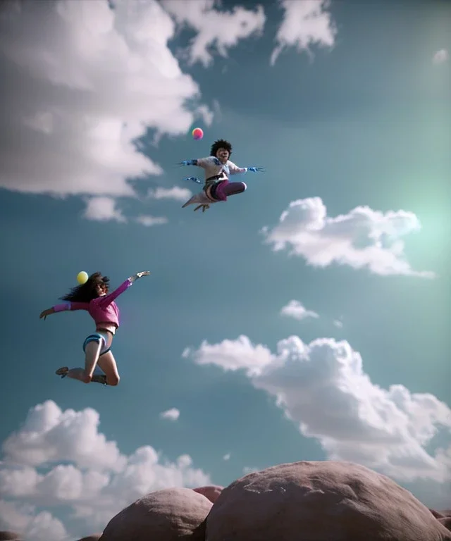 Ultra realistic speed clouds sky scene, wide angle view, sweet men falling down with many Childs, feather color clothing, free jumping flying, many trinkets, hair monster, many jelly beans, balls, color smoke, smile, happy, circus style, extreme, wind, clouds sea, 20,000 feet altitude, stratosphere, soft color, highly detailed, unreal engine 5, ray tracing, RTX, lumen lighting, ultra detail, volumetric lighting, 3d, finely drawn, high definition, high resolution.