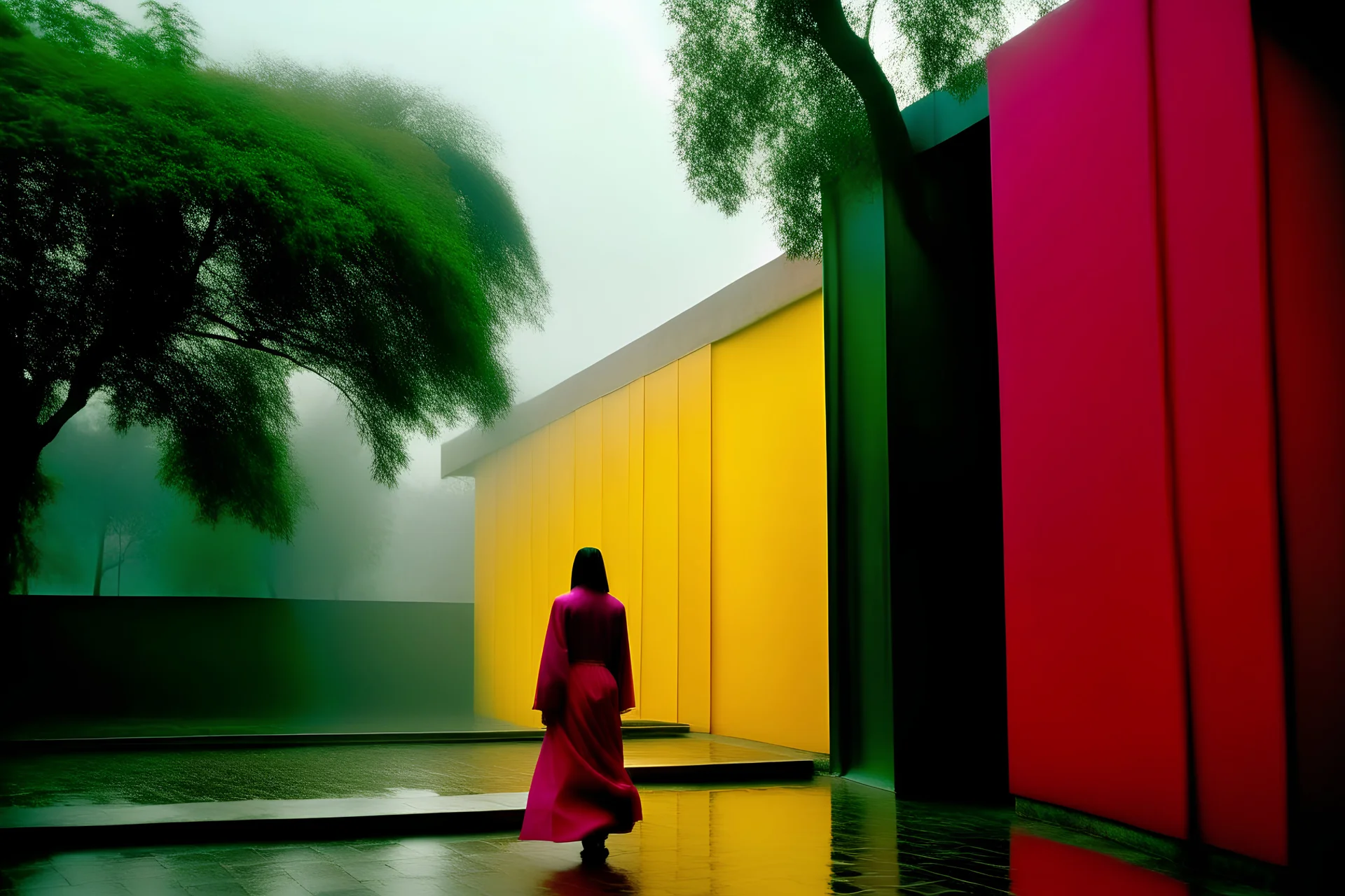 Luis Barragán style of colorr architecure, Iranina Karvansara, dancing with Iranian tradition cloth, rainy weather, runray, fog