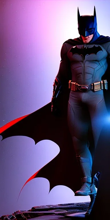 In a high-tech art gallery of the future, a stunning digital artwork captures the attention of all who enter. It depicts the iconic superhero Batman, rendered in bold, futuristic colors and intricate details. The sculpture portrays Batman in a dynamic pose, his muscular physique and flowing cape captured in stunning 3D detail. The background is a mesmerizing blend of neon hues and holographic projections, adding to the futuristic aesthetic of the piece. This digital sculpture of Batman is a true