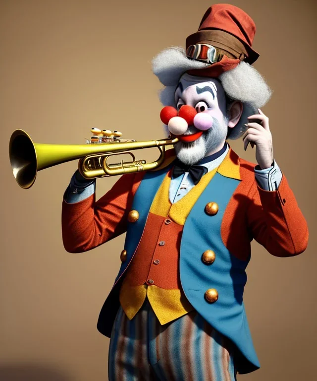 happy and funny old friendly clown with round head and trimmed beard playing jazz with a steampunk theme, trumpet on mouth, carnival, dreamy