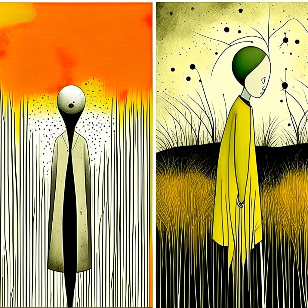 Style by Gabriel Pacheco and Joan Miro and Arthur Secunda, abstract surreal art, no faces and no people, shine lunatic grass textures, illustration spread over several panels, white negative space in between panels, surreal masterpiece, harsh juxtaposition of the uncanny and the banal,