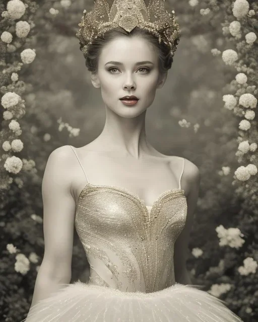 vintage photo of beautiful, stunning ballerina with white feather crown wrapped around head, glittery bodice, close-up profile portrait, sepia, background of flowers, gauzy white curtains, candles, dreamlike, sepia photography, centered, 8k resolution, high-quality, fine-detail, intricate, detailed matte, volumetric lighting, photo-realistic, candles, translucent gown, illustration, 3D octane render, brian froud, howard lyon, selina french, anna dittmann, annie stokes, lisa parker, greg rutowski