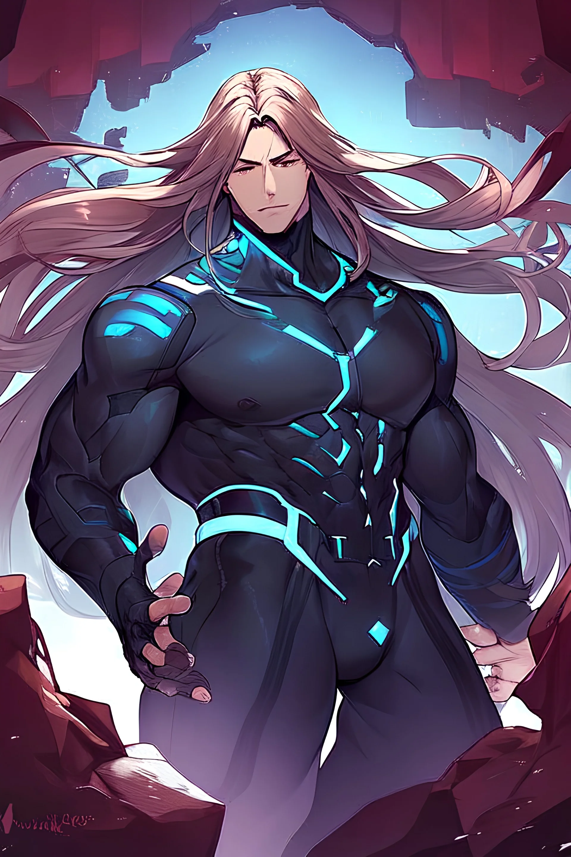 A boy with long hair wearing cyber ninja like suit with verity of blades