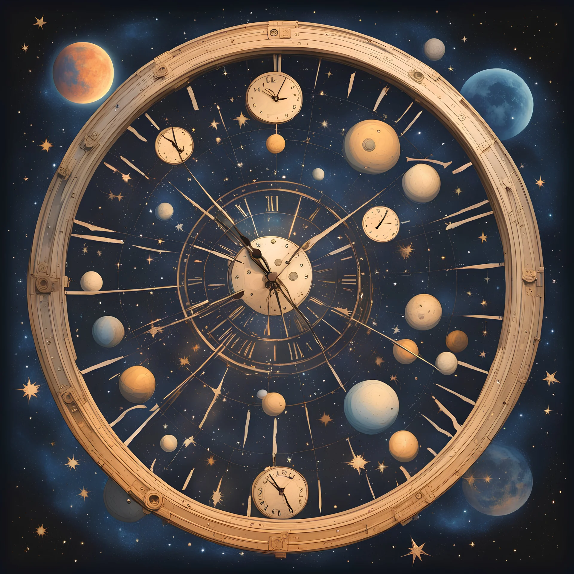 A giant clock telling celestial time radiating glow and shine and the night is full of shimmering stars and moons with nebulas dancing with planets, in constructivism art style