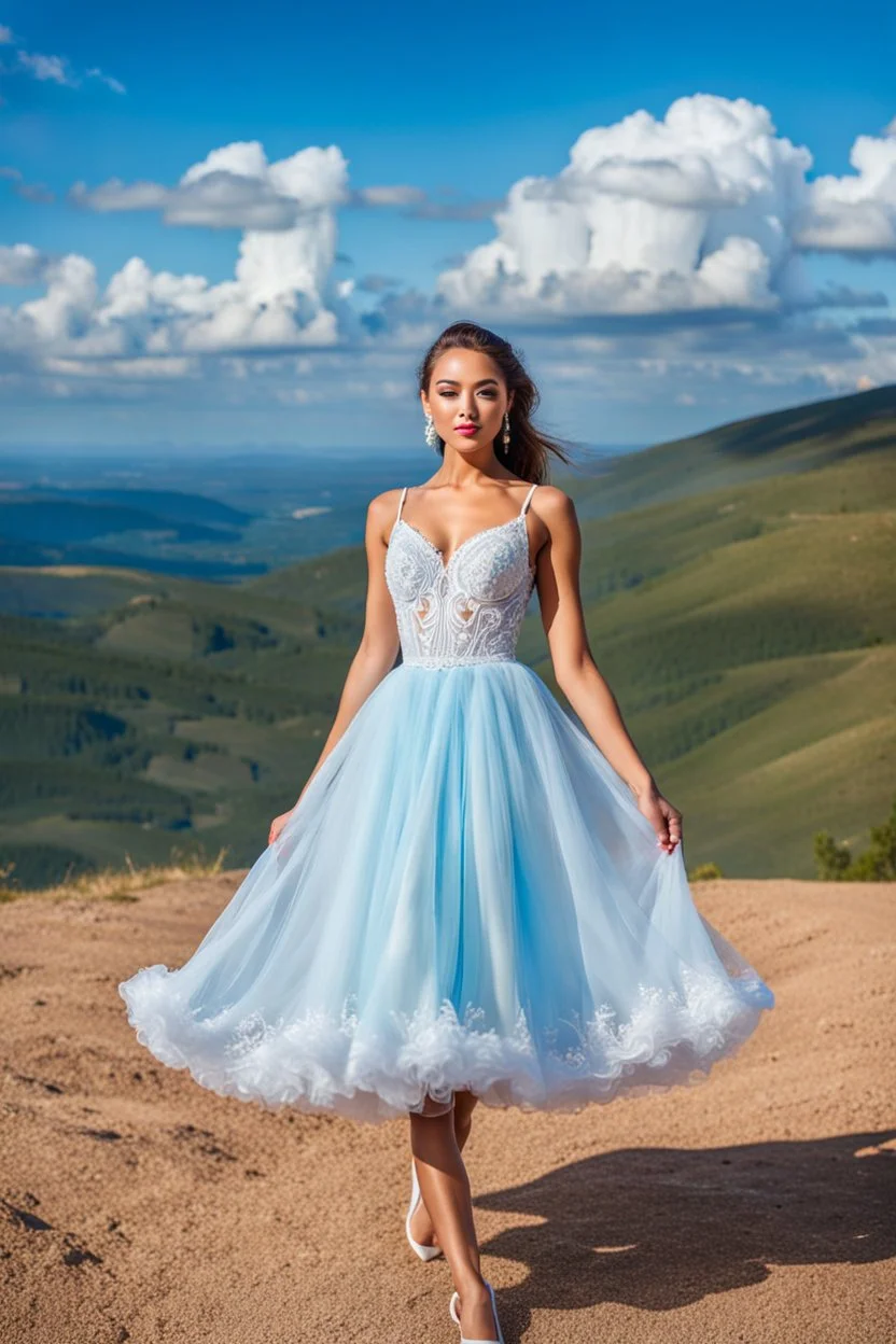 full-body closeup shot of a young, beautiful girl with a perfect face and makeup,wearing pretty dance dress standing in a stage in open air nice hills , blue sky ,pretty clouds at distant