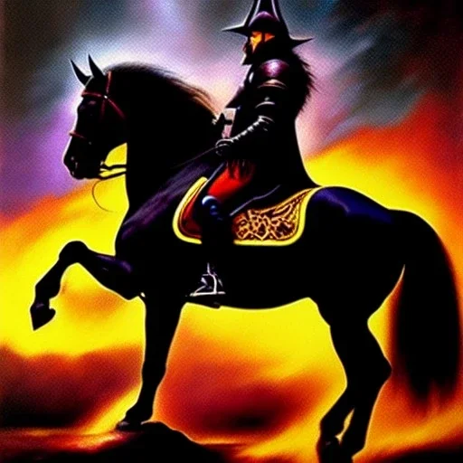 portrait oil on canvas, Death Dealer riding black horse ,comic book cover, mystical colors,insanely detailed,realistic,intrincate detail, 16k resolution, masterpiece,Frank Frazetta,Alex Horley, Simon Bisley,Oscar chichoni