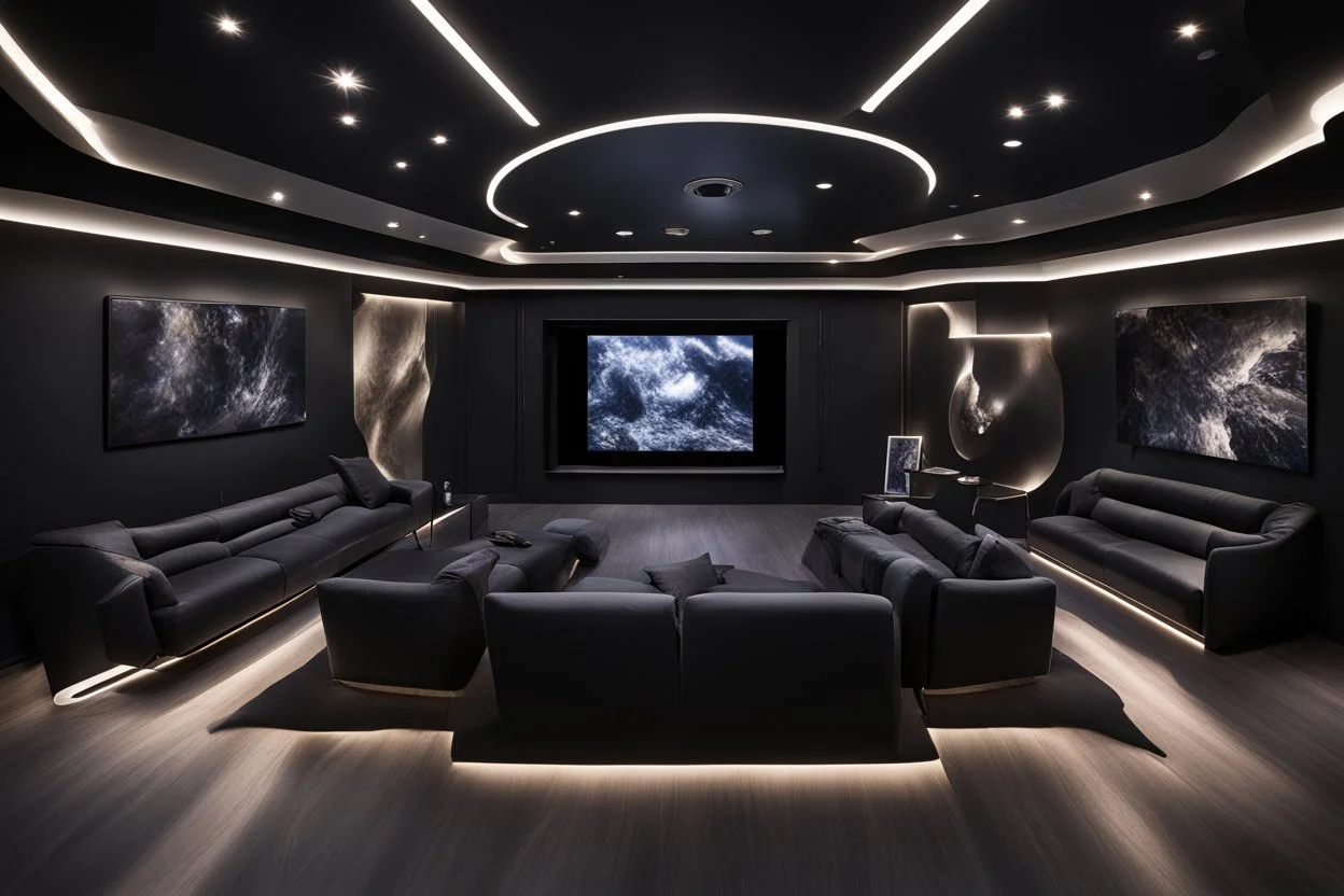 a black themed dedicated home cinema room with LED ambient lighting in the walls make sure the room is completely symmetrical