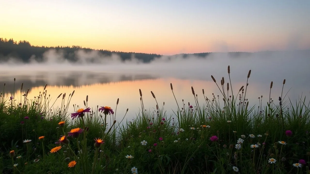 A serene lakeside at dawn with mist rising from the water, surrounded by blooming wildflowers and softly glowing fireflies. Photographic quality and detail, award-winning image, beautiful composition.