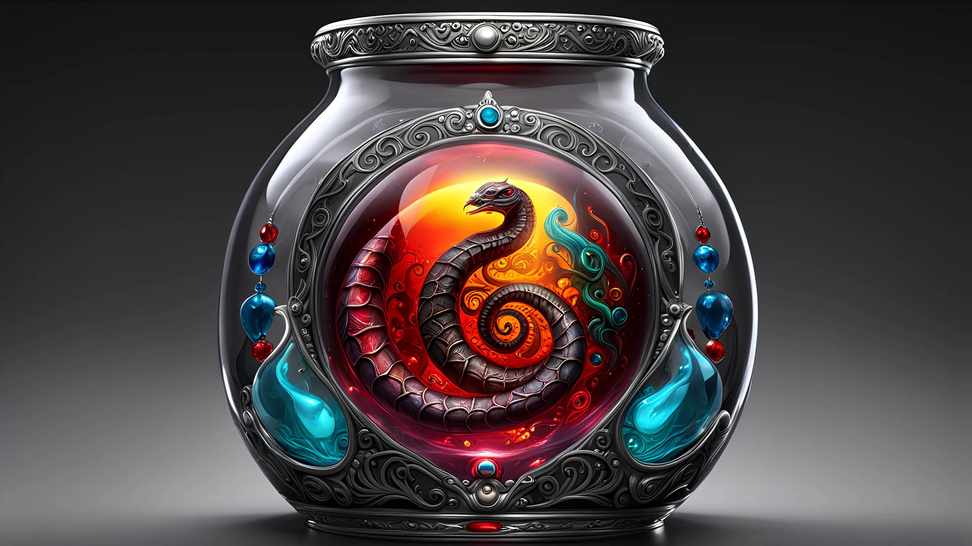 ancient shiny Dark fantasy alien serpent embryo in a glass specimen jar, silver filigree edges, bold lines, vivid tattoo ink, shiny glass jewels, bold (colorful hieroglyphs) cartouche, 16k resolution, epic, beautiful, masterpiece, trending on Artstation, deviantArt, ultra detailed, sharp focus, red yellow and black, deep color, vibrant, wet, gloss
