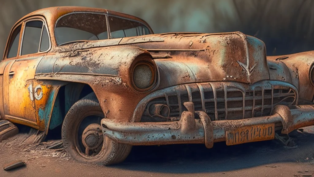 A photorealistic image of a rusted vintage car, with a focus on the intricate details of its faded paint job, the wear and tear on the tires, and the aged textures of the metal body. Use the multi-prompt "car::photorealistic::rust" with a prompt weighting of "rust" to emphasize the aged textures and worn out look of the car. --ar 7:4