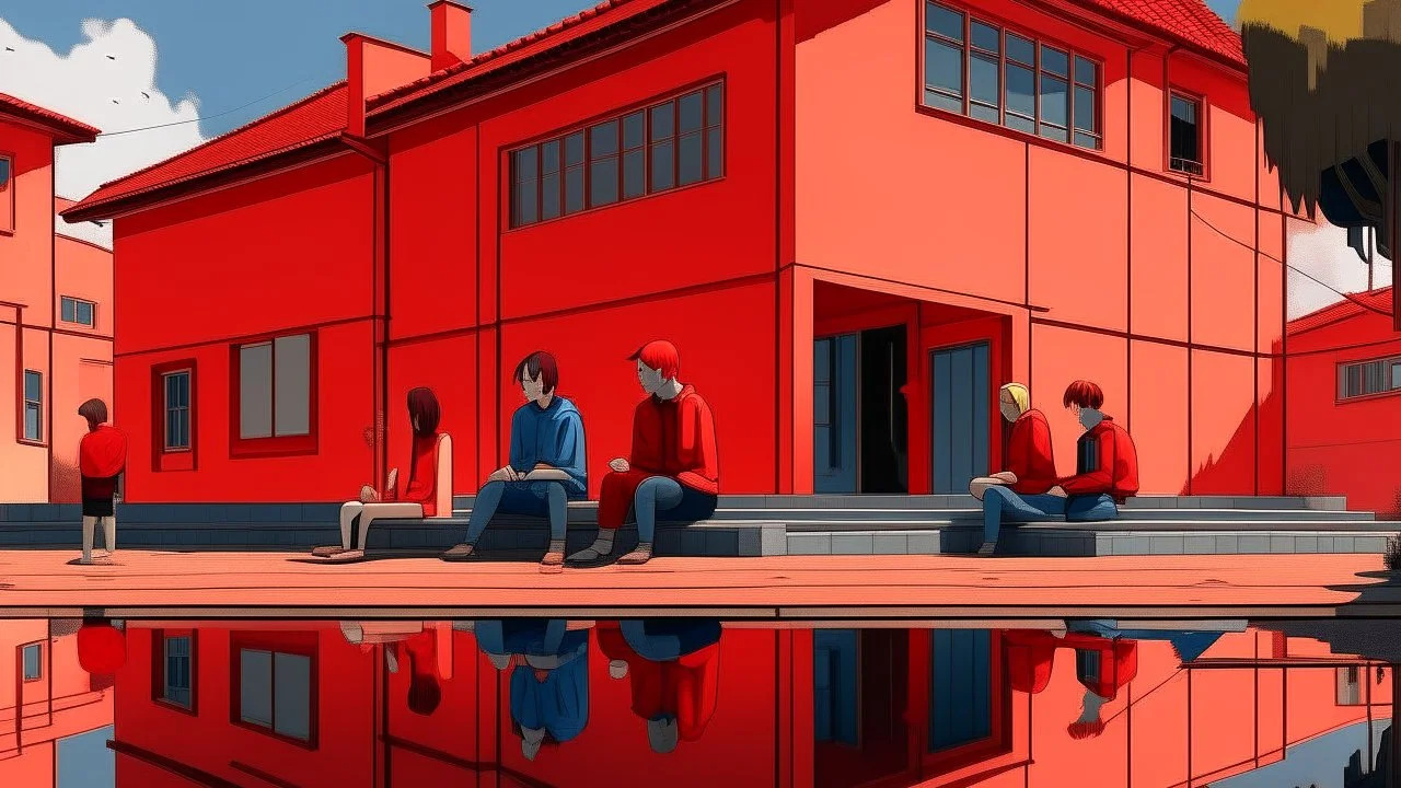 people sitting on a bench near a puddle of water in front of a red building with a red roof, modernism, digital rendering