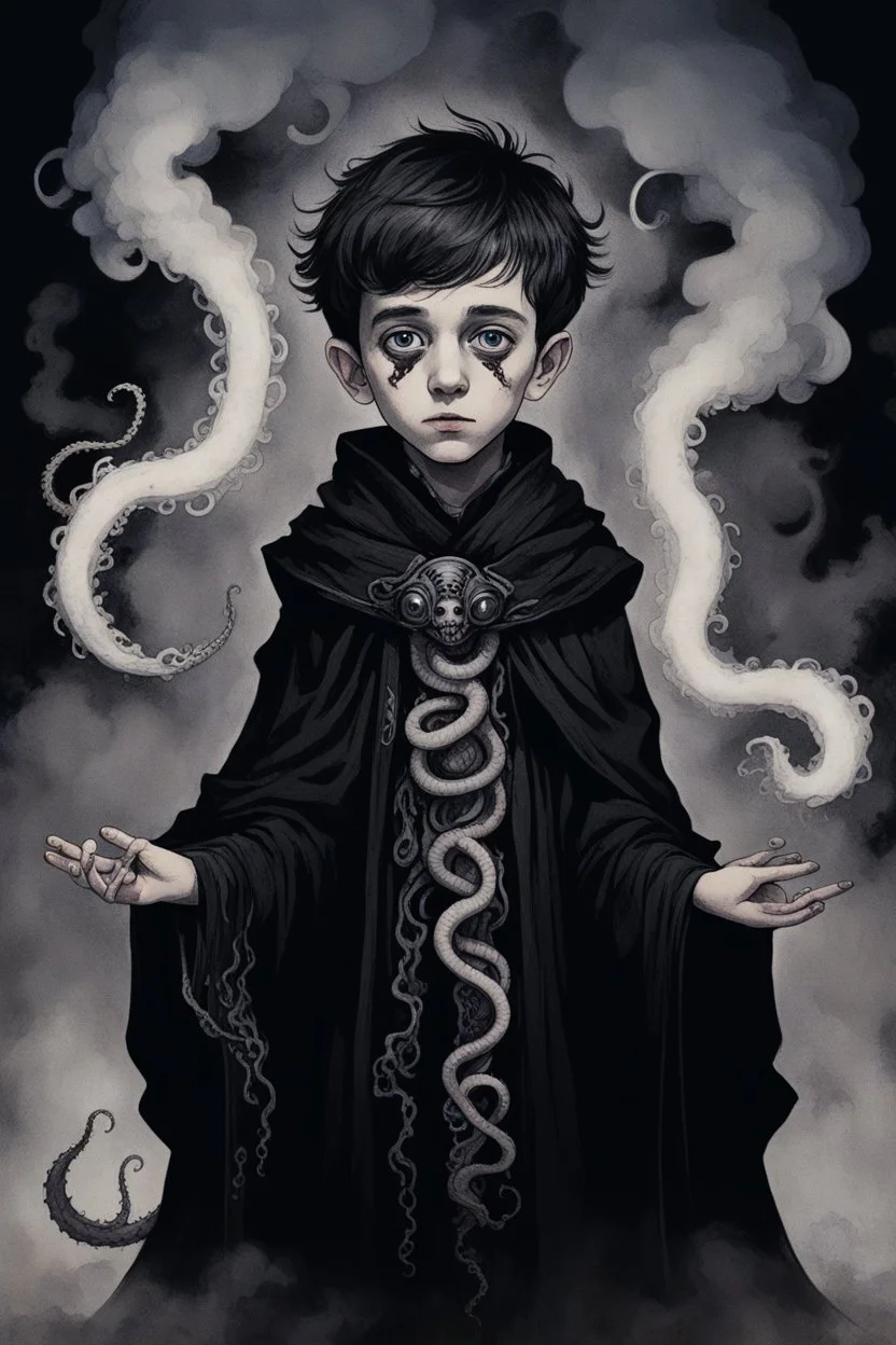 7 year old boy, necromancer, friendly, with 1 tentacle coming out of his stomach, surrounded by weird smoke with eyes, wearing black robes, in the style of Harry Clarke