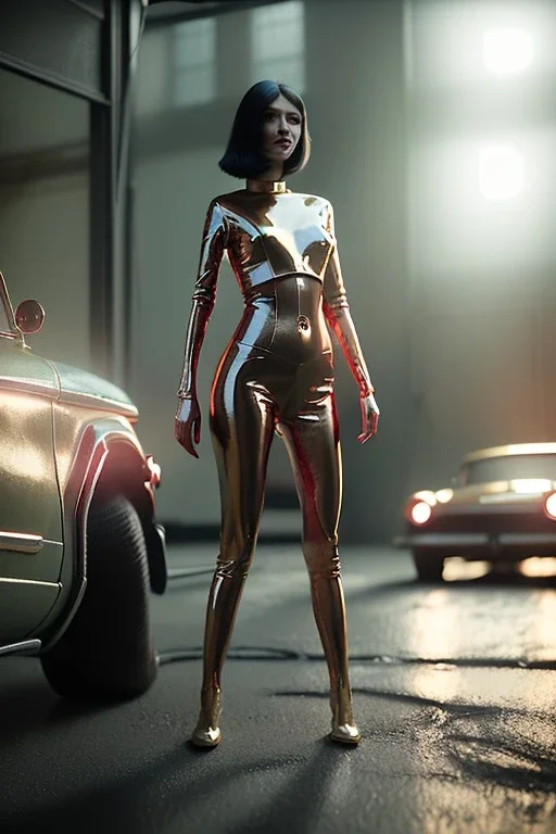 Ultra Realistic retro sci-fi, 1960 year, levitating all cars, young woman quiet, latex suit, soft color, highly detailed, unreal engine 5, ray tracing, RTX, lumen lighting, ultra detail, volumetric lighting, 3d, finely drawn, high definition, high resolution.