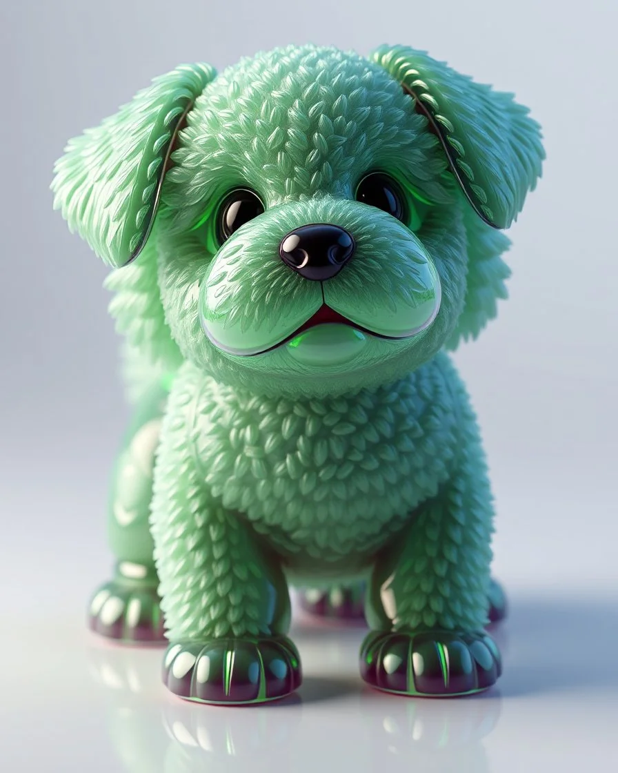 Generate image: A macro 3D render of a cute, lovely wooly dog ,made of Translucent glossy jelly material, soft gelatinous appearance, smooth rounded surface, realistic subsurface scattering, internal light diffusion, subtle volumetric translucency, wet polished highlights, slightly reflective surface, soft rubbery-plastic texture, vibrant neon green color, physically based shader, studio lighting, high-end CGI render.